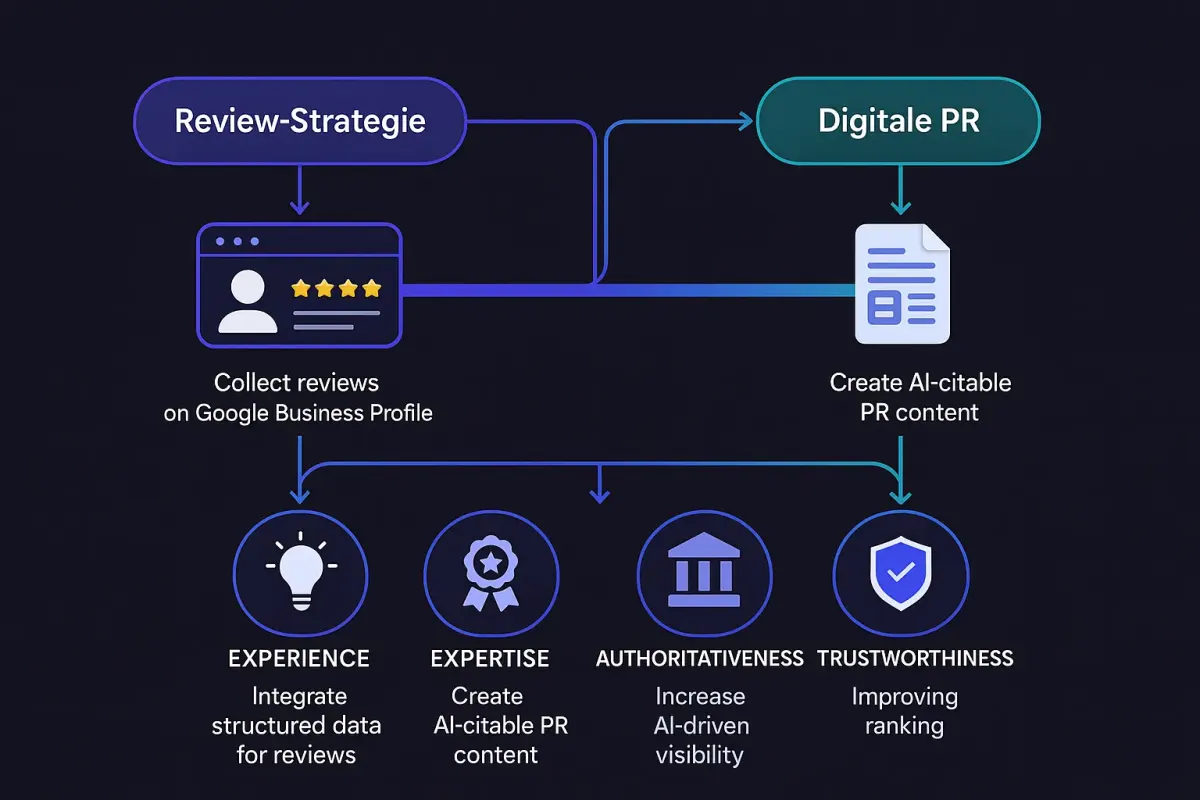 Prozessdiagramm zur Stärkung der KI-Sichtbarkeit durch eine gezielte Review-Strategie und digitale PR