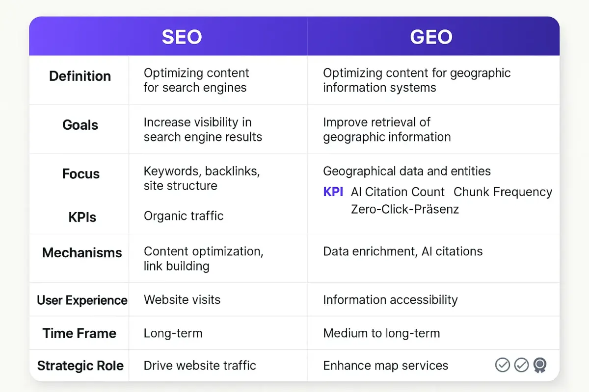 Vergleich der Kernunterschiede zwischen klassischer SEO und GEO, Ihre Grundlage für eine zukunftssichere Suchstrategie.