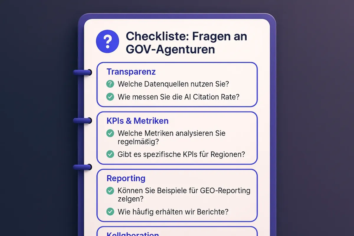 Mit dieser Checkliste sind Sie bestens vorbereitet: Die wichtigsten Fragen an Ihren GEO-Dienstleister helfen Ihnen, eine fundierte und transparente Entscheidung zu treffen.