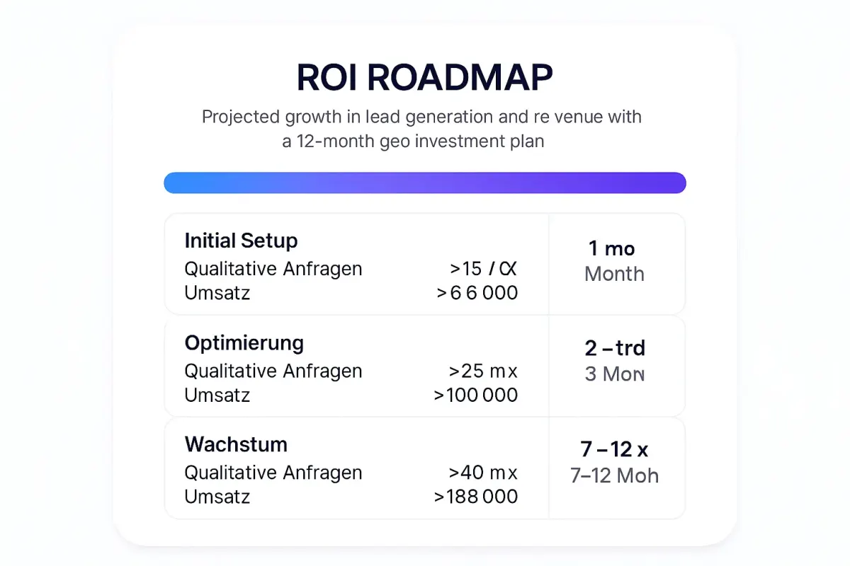 Planen Sie Ihre Investition mit dieser realistischen ROI-Roadmap und sehen Sie, wie Ihre Ausgaben schrittweise in mehr Umsatz und qualifizierte Anfragen umgewandelt werden.