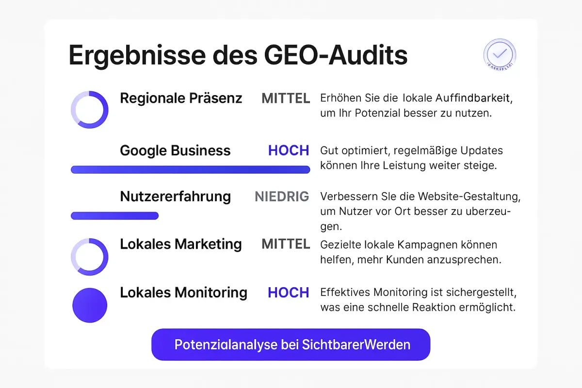 Ihre Audit-Ergebnisse im Überblick: Erkennen Sie Schwachstellen und ungenutzte Potenziale, ein klarer Weg zur professionellen GEO-Strategie.