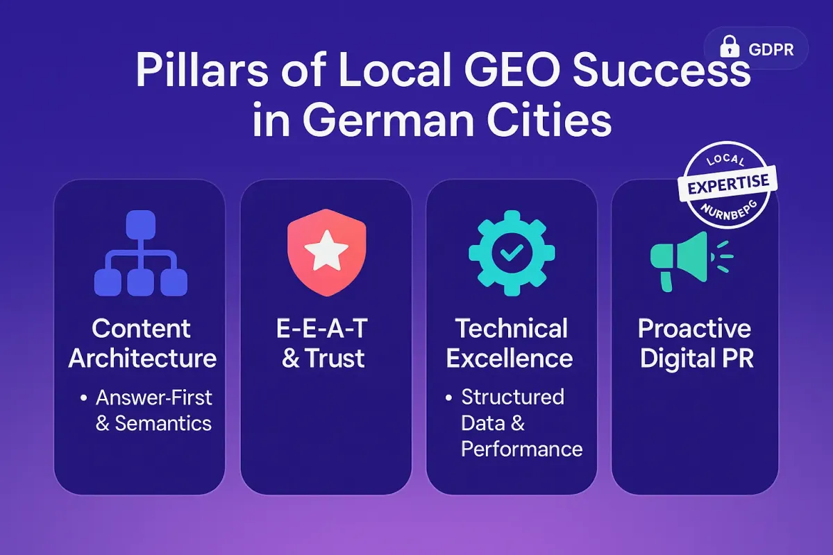 Die vier Säulen von Local GEO: Inhalt, Vertrauen, Technik und Präsenz, visualisiert als stabile Säulen, die ein Dach mit der Aufschrift 'Lokale KI-Sichtbarkeit' stützen.