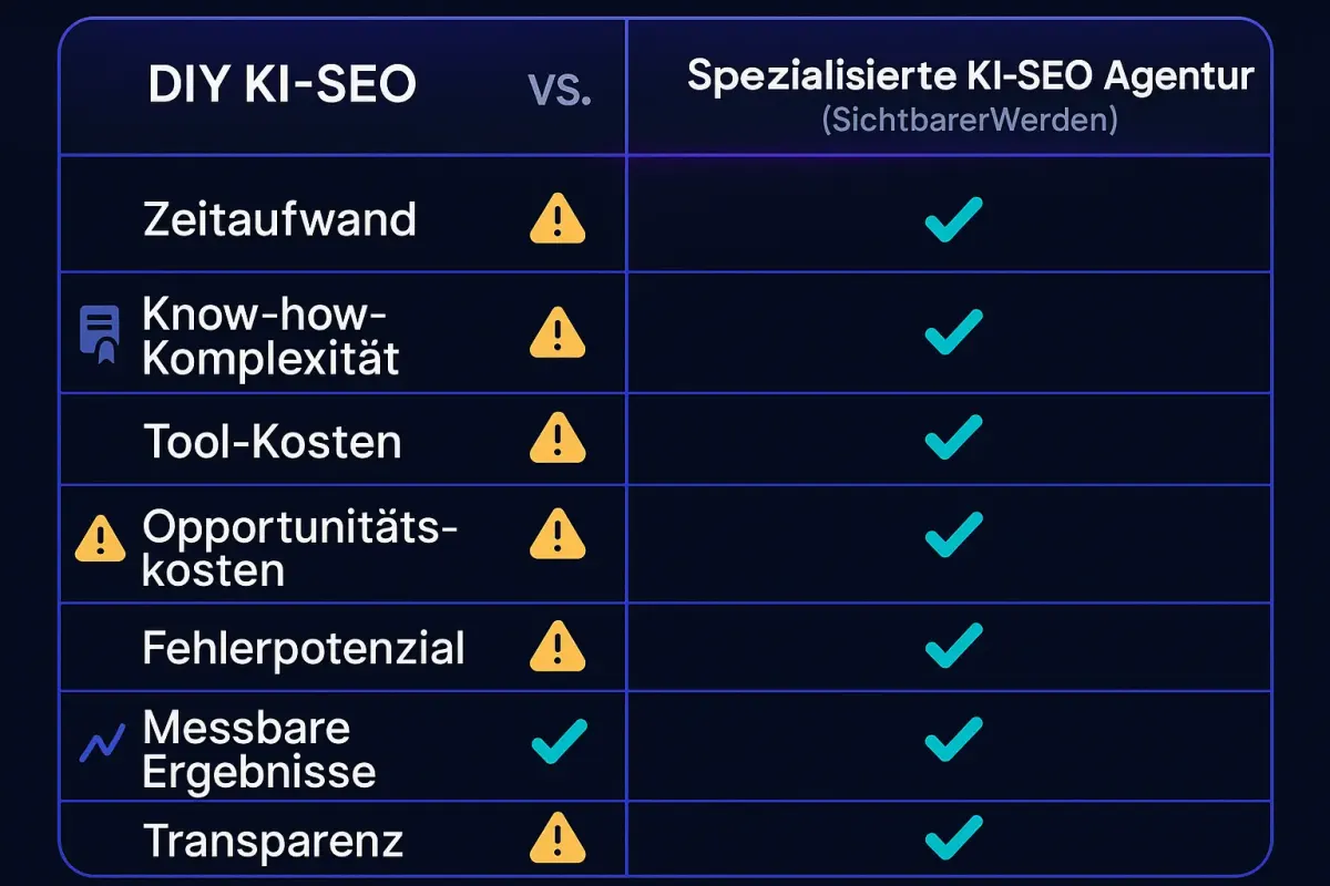 Eine Infografik, die die versteckten Kosten von DIY KI-SEO (Zeit, Know-how, Tools, Risiken) den Vorteilen einer Agentur (Effizienz, Expertise, Ergebnisse, Sicherheit) gegenüberstellt.
