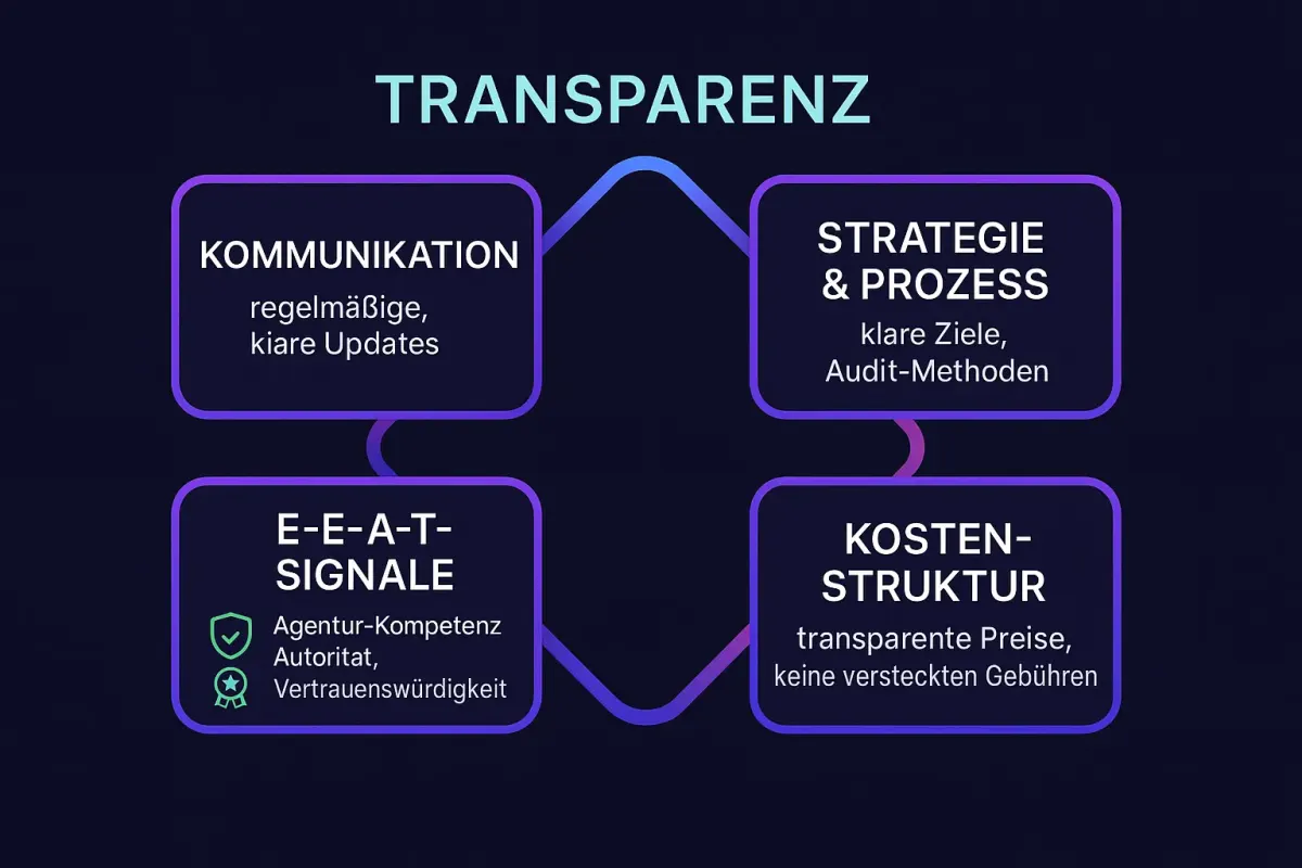 Die vier Grundpfeiler der Transparenz: Klare Kommunikation, nachvollziehbare Prozesse, transparente Kosten und glaubwürdige Expertise. Diese Kriterien helfen Ihnen, einen seriösen GEO-Partner zu erkennen.