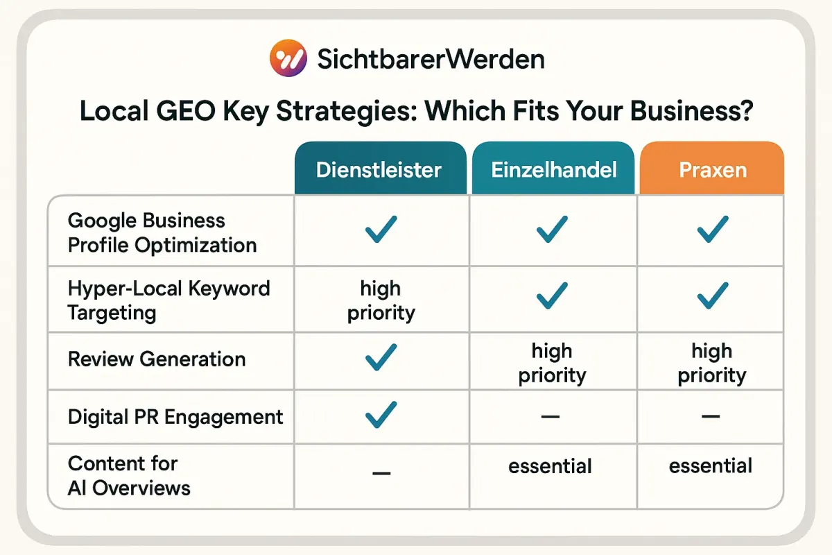 Eine Vergleichstabelle, die Local GEO-Strategien (GMB-Optimierung, Review-Management, Hyper-Lokaler Content) für verschiedene Geschäftstypen (Dienstleister, Einzelhandel, Praxis) bewertet und priorisiert.