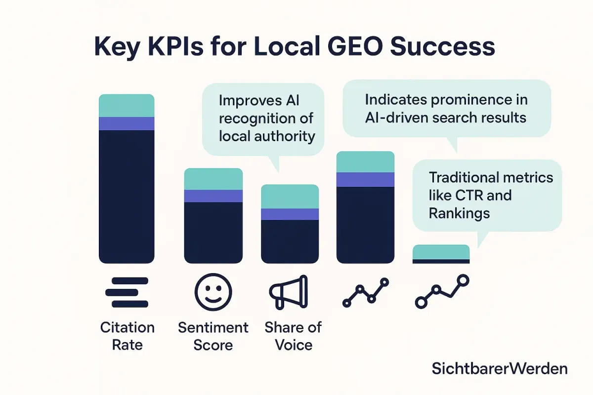Ein Diagramm, das die neuen KPIs für Local GEO zeigt: Citation Rate, Sentiment Score und Share of Voice in AI, im Vergleich zu traditionellen SEO-Metriken wie Ranking und CTR.