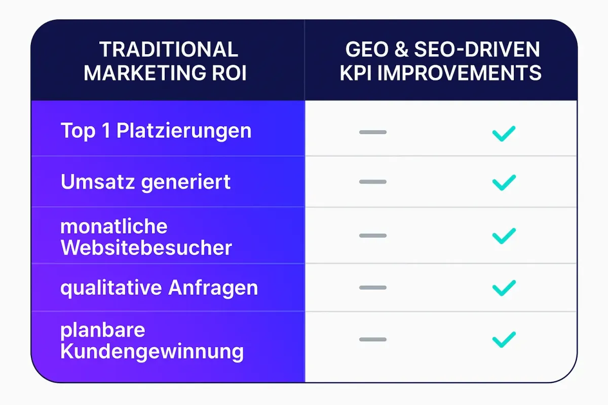 Mit dieser Übersicht sehen Sie auf einen Blick, wie GEO & SEO Ihre wichtigen Marketing-Kennzahlen verbessern, für messbaren Umsatz und gezielte Kundenanfragen.