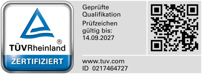 TÜV Rheinland Prüfzeichen: Geprüfte Qualifikation, gültig bis 14.09.2027, ID 0217464727
