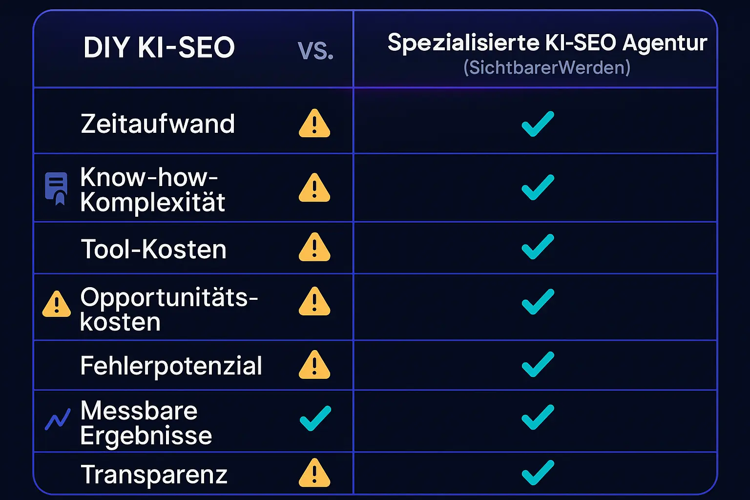 Eine Infografik, die die versteckten Kosten von DIY KI-SEO (Zeit, Know-how, Tools, Risiken) den Vorteilen einer Agentur (Effizienz, Expertise, Ergebnisse, Sicherheit) gegenüberstellt.