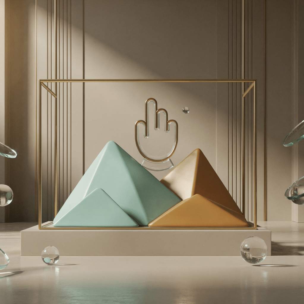 Bilderrahmen aus warmem Messing zeigt geometrische Berglandschaft in Mintgrün und Bernstein, daneben schwebt Glas-Lese-Symbolik