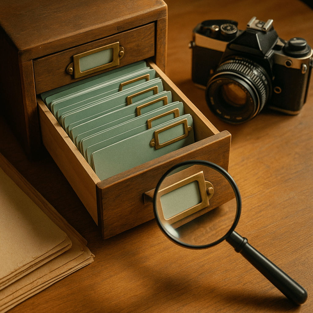 Schreibtisch mit Vintage-Aktenschrank, Messing-Tags und Lupe im warmen Tageslicht