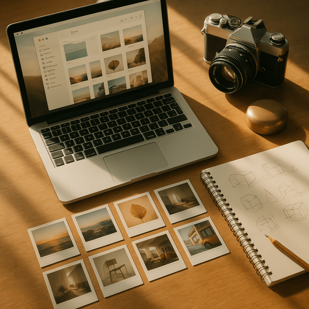 Designer-Schreibtisch mit Laptop, Polaroid-Grid und Vintage-Kamera im warmen Tageslicht