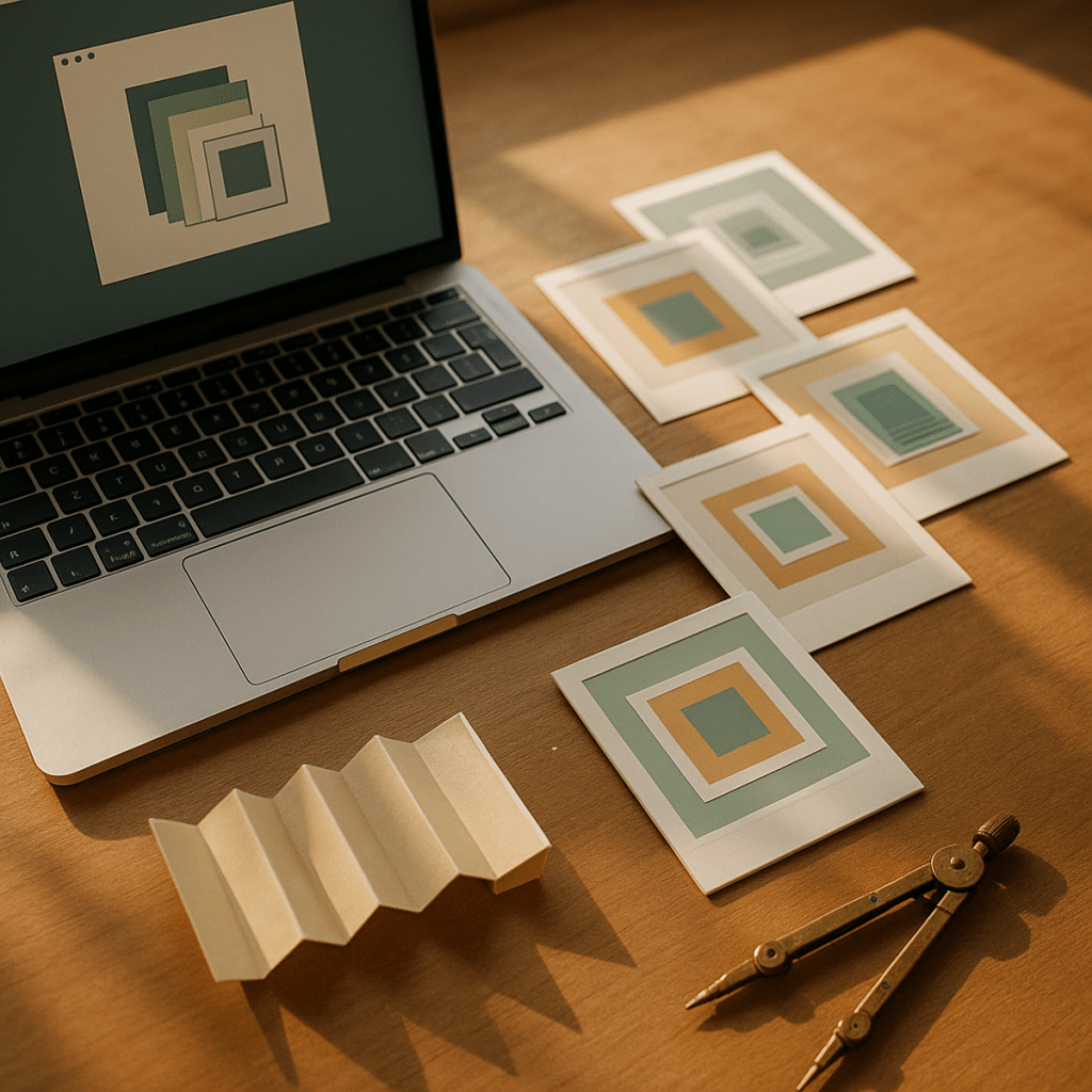 Designer-Schreibtisch mit gestaffelten Datei-Thumbnails und einer Stapel-Polaroid-Sequenz im warmen Tageslicht