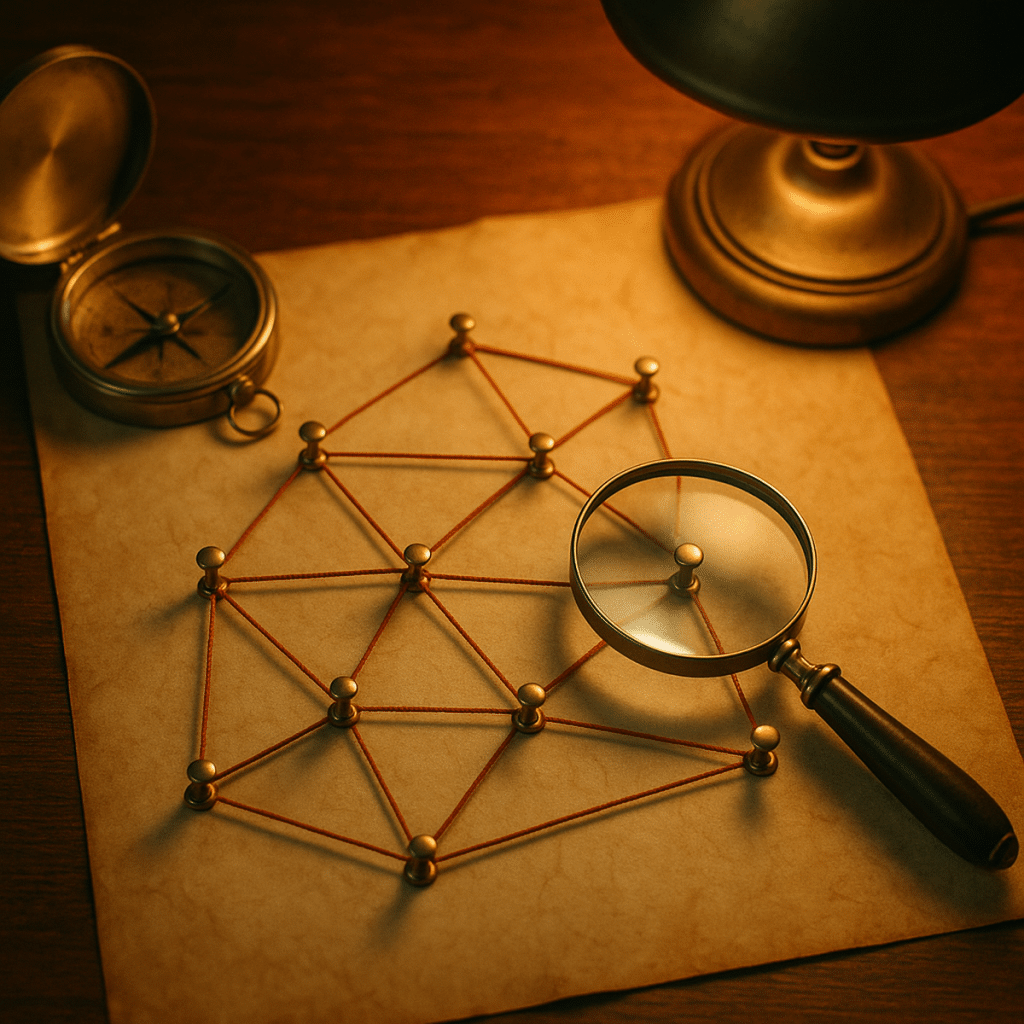 Schreibtisch mit Pergament-Netzwerk-Diagramm, Lupe und Messing-Pins im warmen Tageslicht