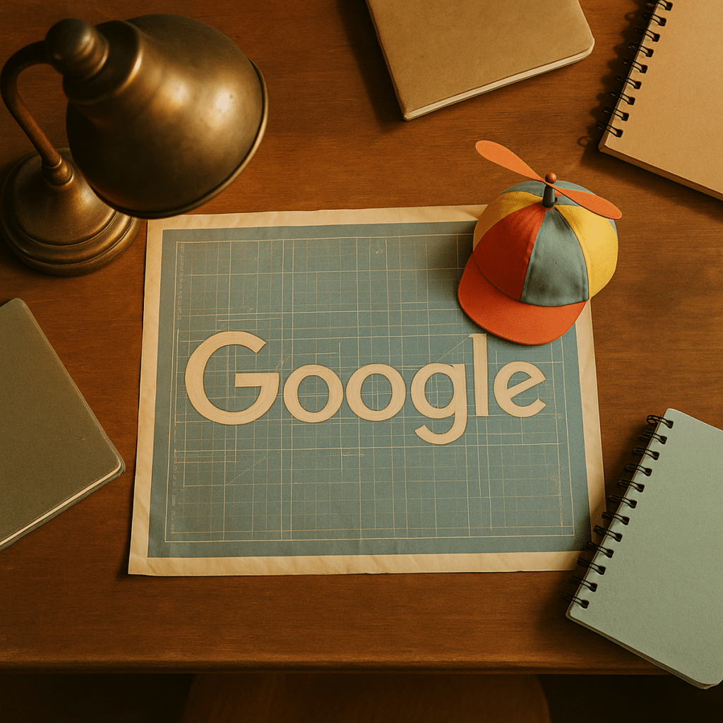 Schreibtisch mit Google-Stil-Blueprint und Papier-Propeller-Hut im warmen Tageslicht