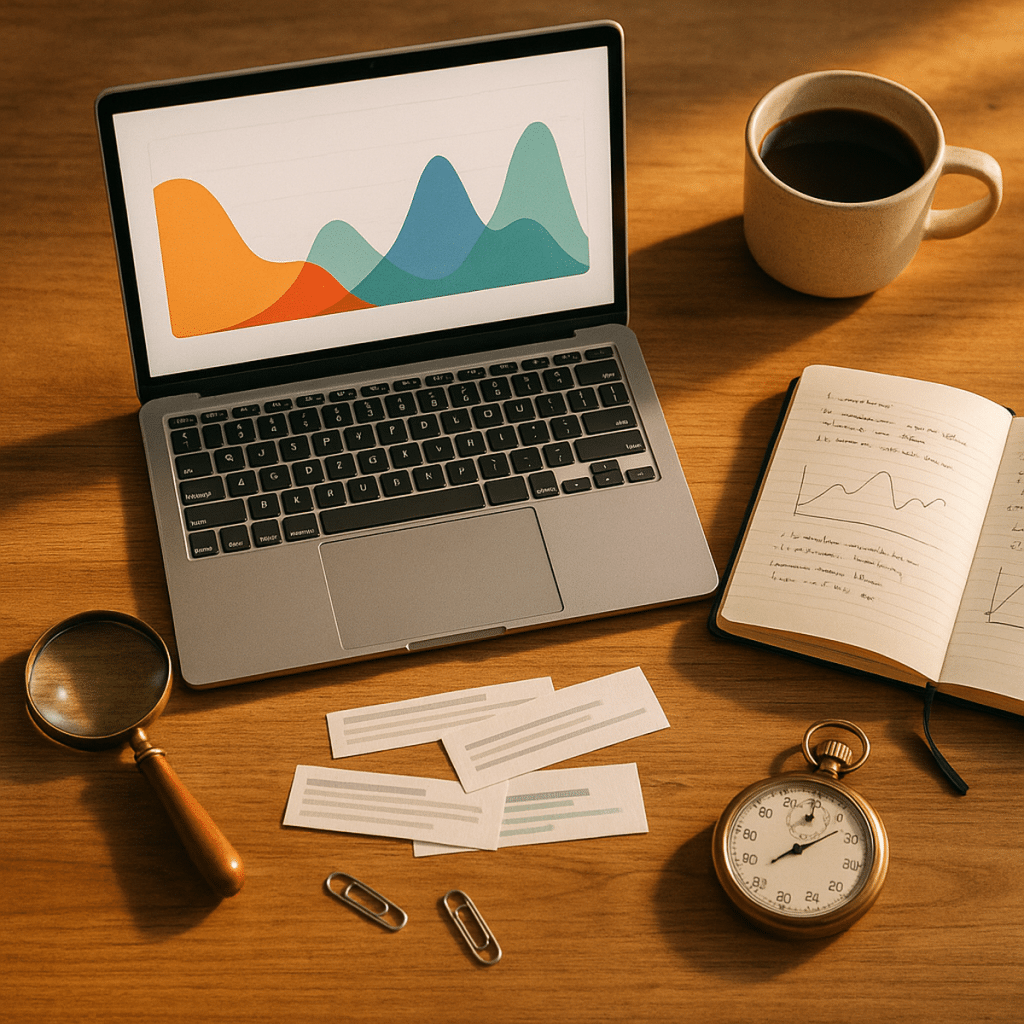 Konzept-Bild zum Glossar-Beitrag seo analyse mit photorealistischer Arbeitsplatz-Szene