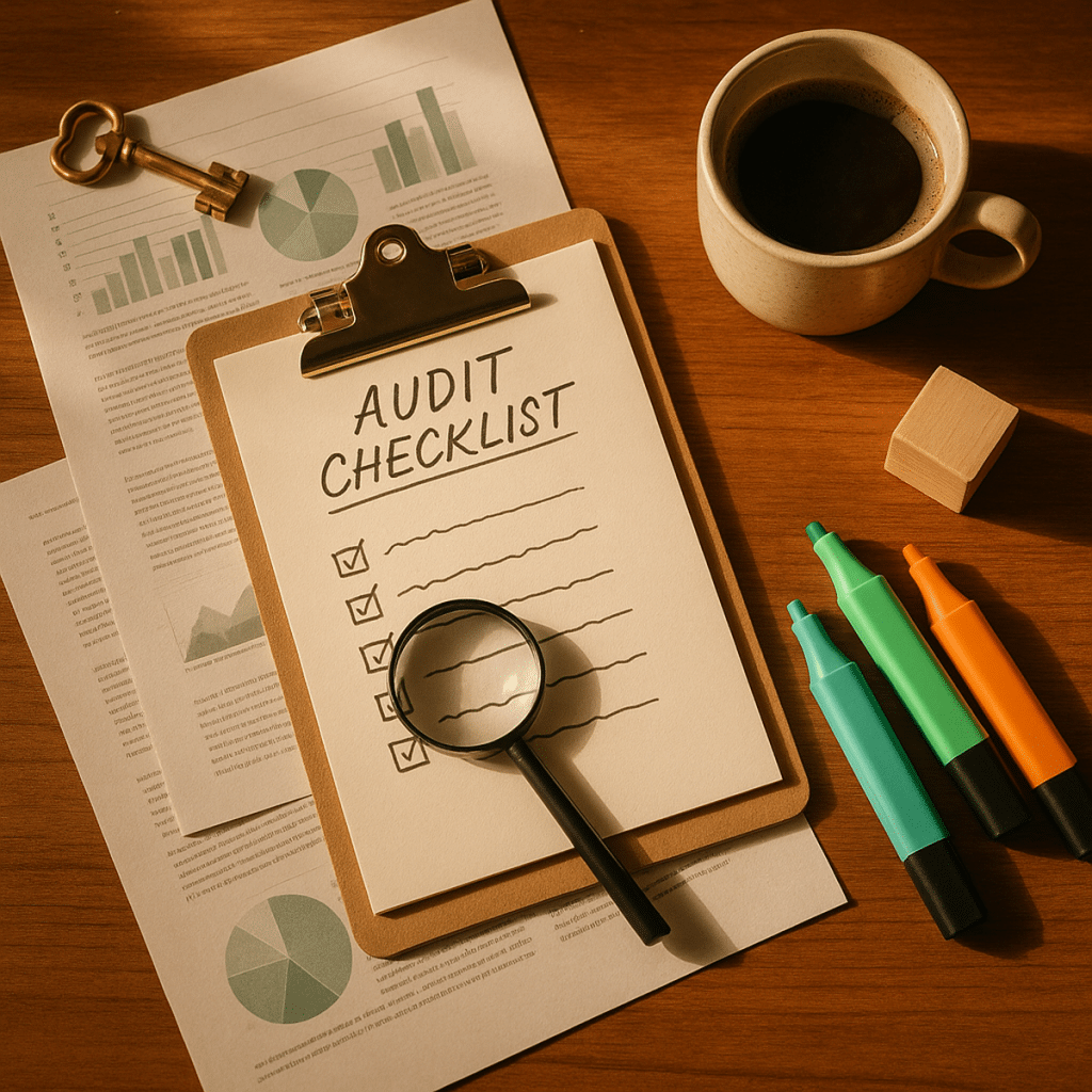 Konzept-Bild zum Glossar-Beitrag seo audit mit photorealistischer Arbeitsplatz-Szene
