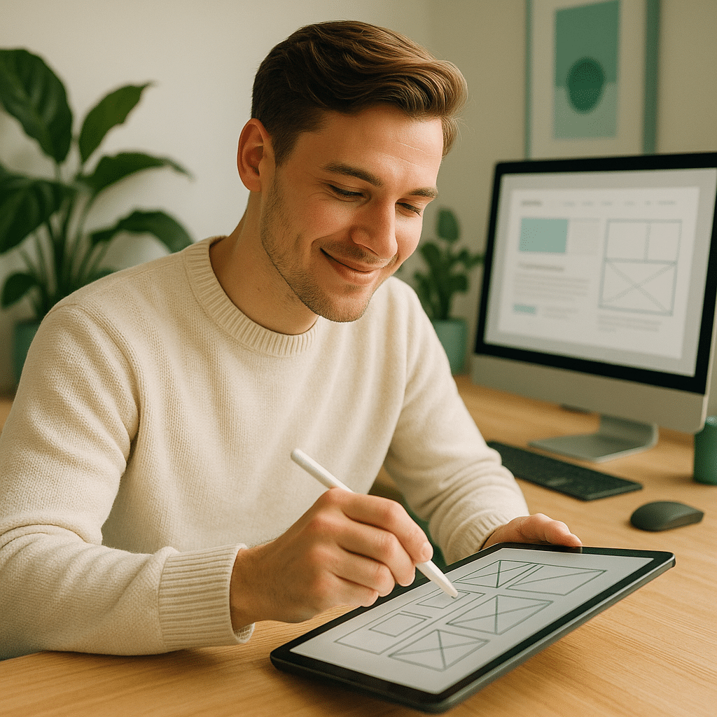 Web-Designerin mit Tablet skizziert Wireframes